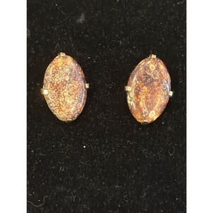 Vintage Signed Castlecliff Bronzite Cabachon Clip Earrings 1-1/4”
